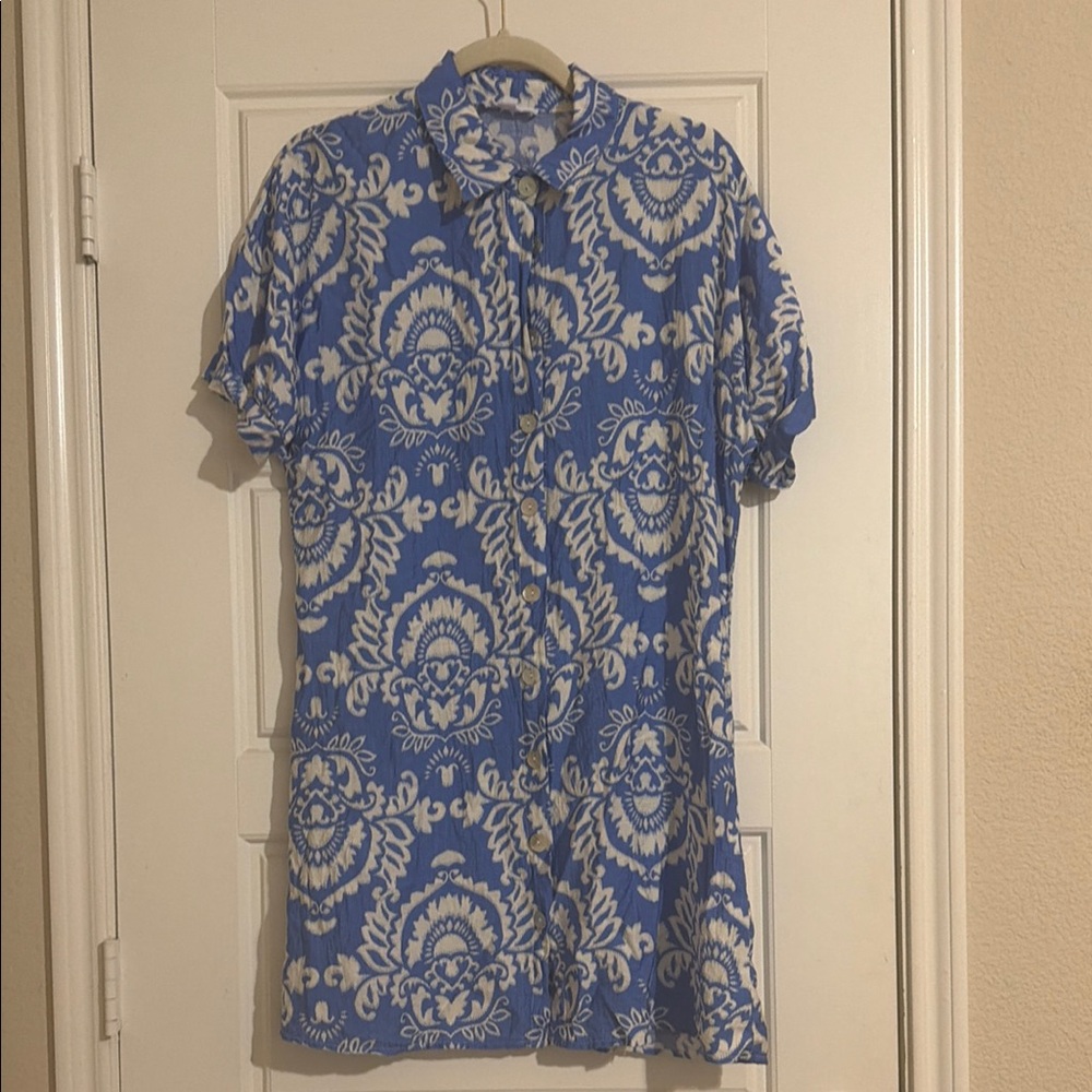 Blue and White Patterned Shirt Dress